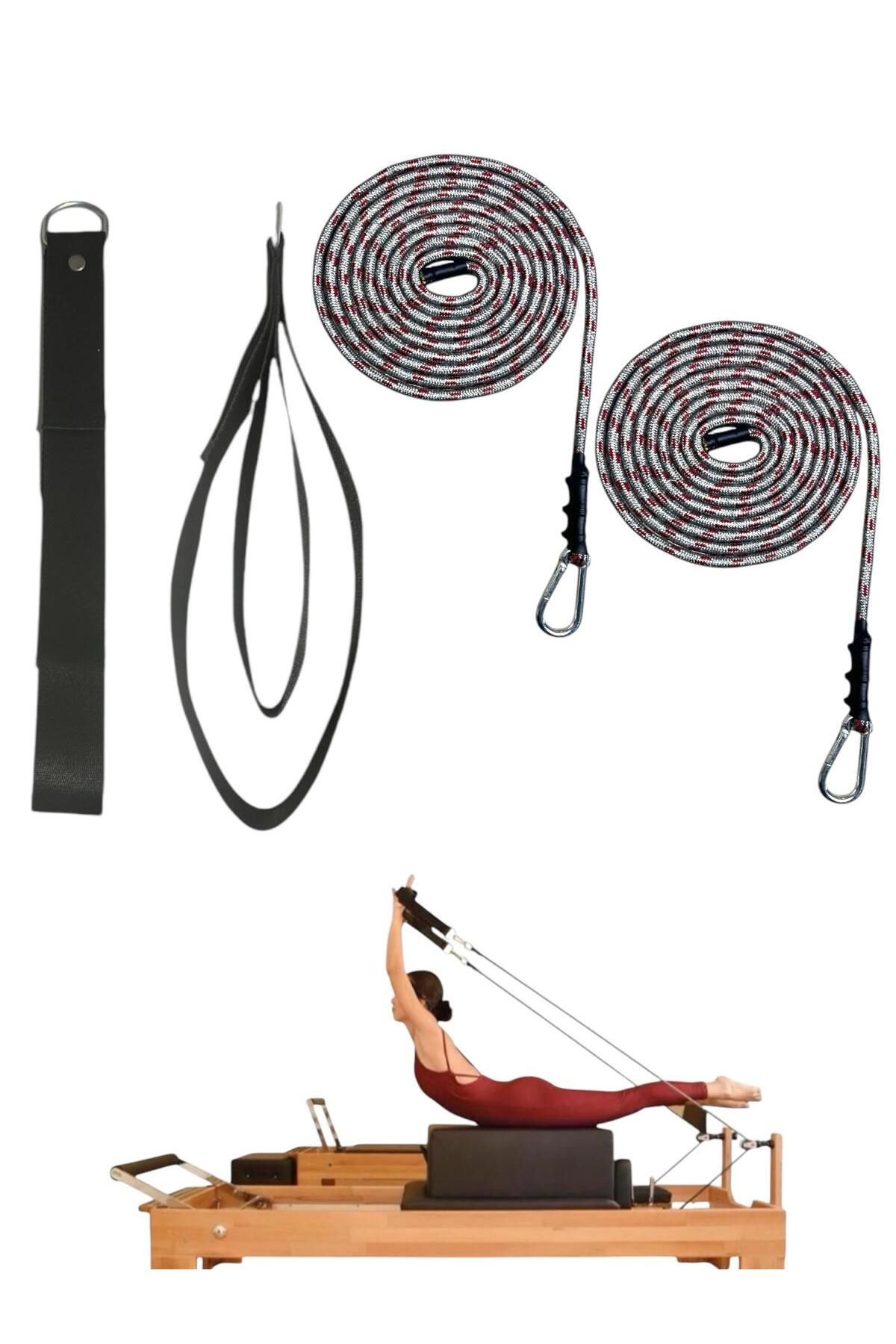 1 Çift Antrasit-Kırmızı Pilates Reformer Halatı +  1 Çift Pilates Reformer Elcik Straps - İkili Set