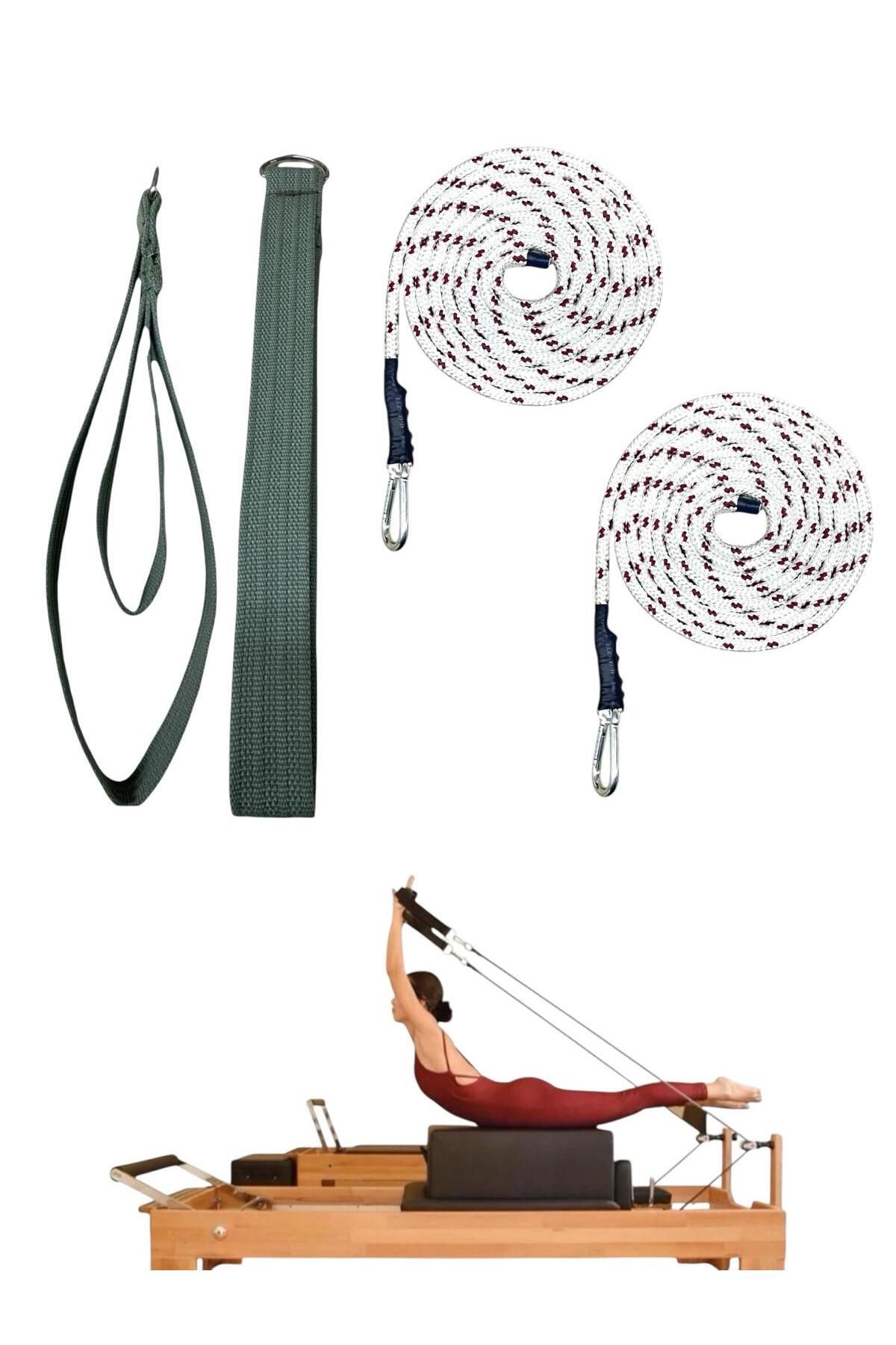 1 Çift Kırmızı-Beyaz Pilates Reformer Halatı +  1 Çift Pilates Reformer Elcik Straps - İkili Set - yeşil