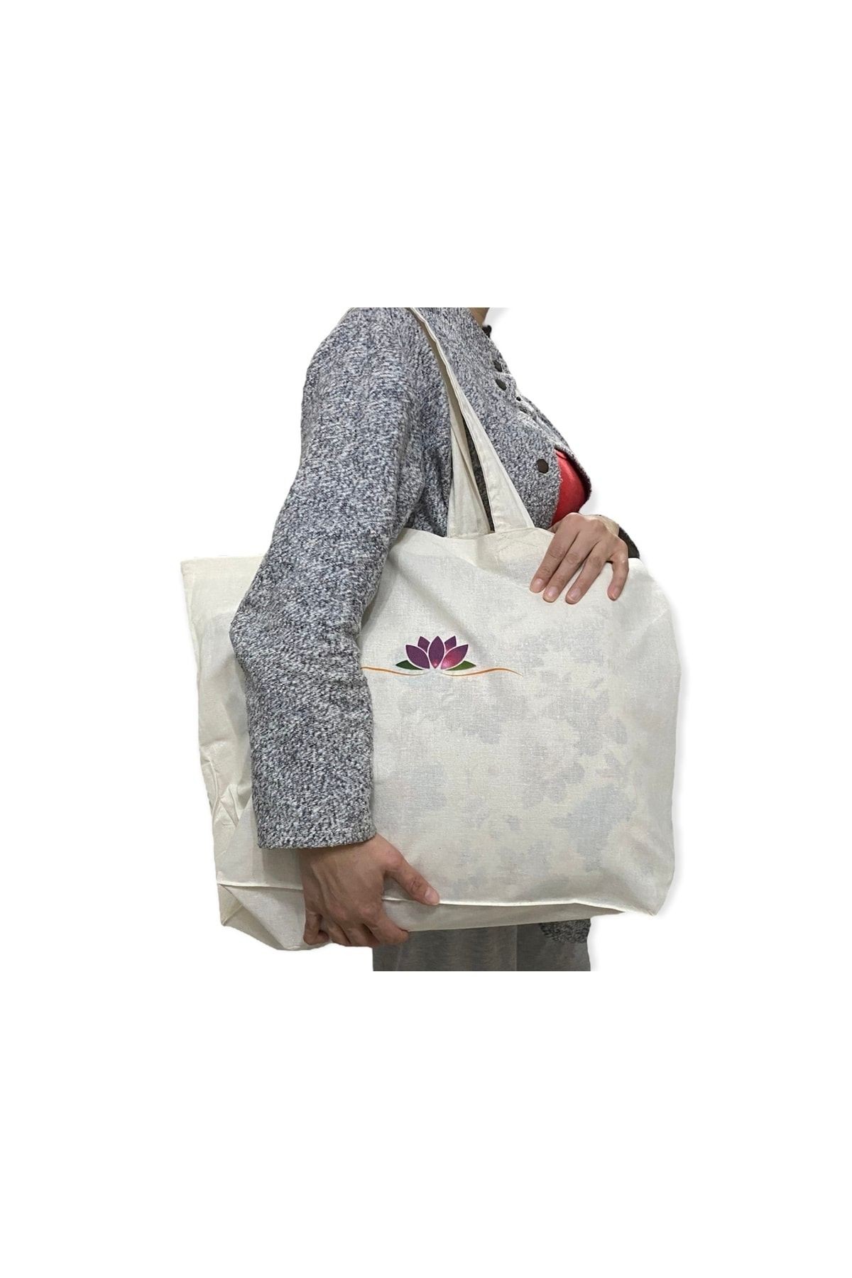 Mor Lotus Çiçeği Baskılı Hambez Plaj Çantası – 56 X 40 X 12 Cm