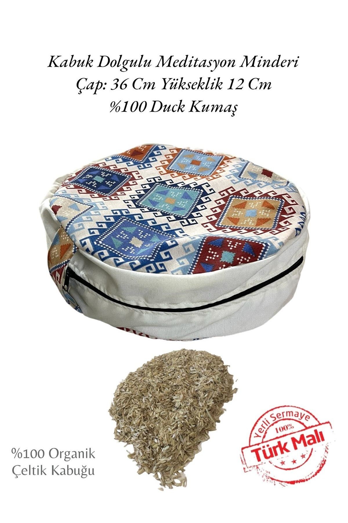 Organik Kabuk Dolgulu Zafu Meditasyon Minderi - Etnik Desen %100 Duck Kumaş Bez Meditasyon Minderi