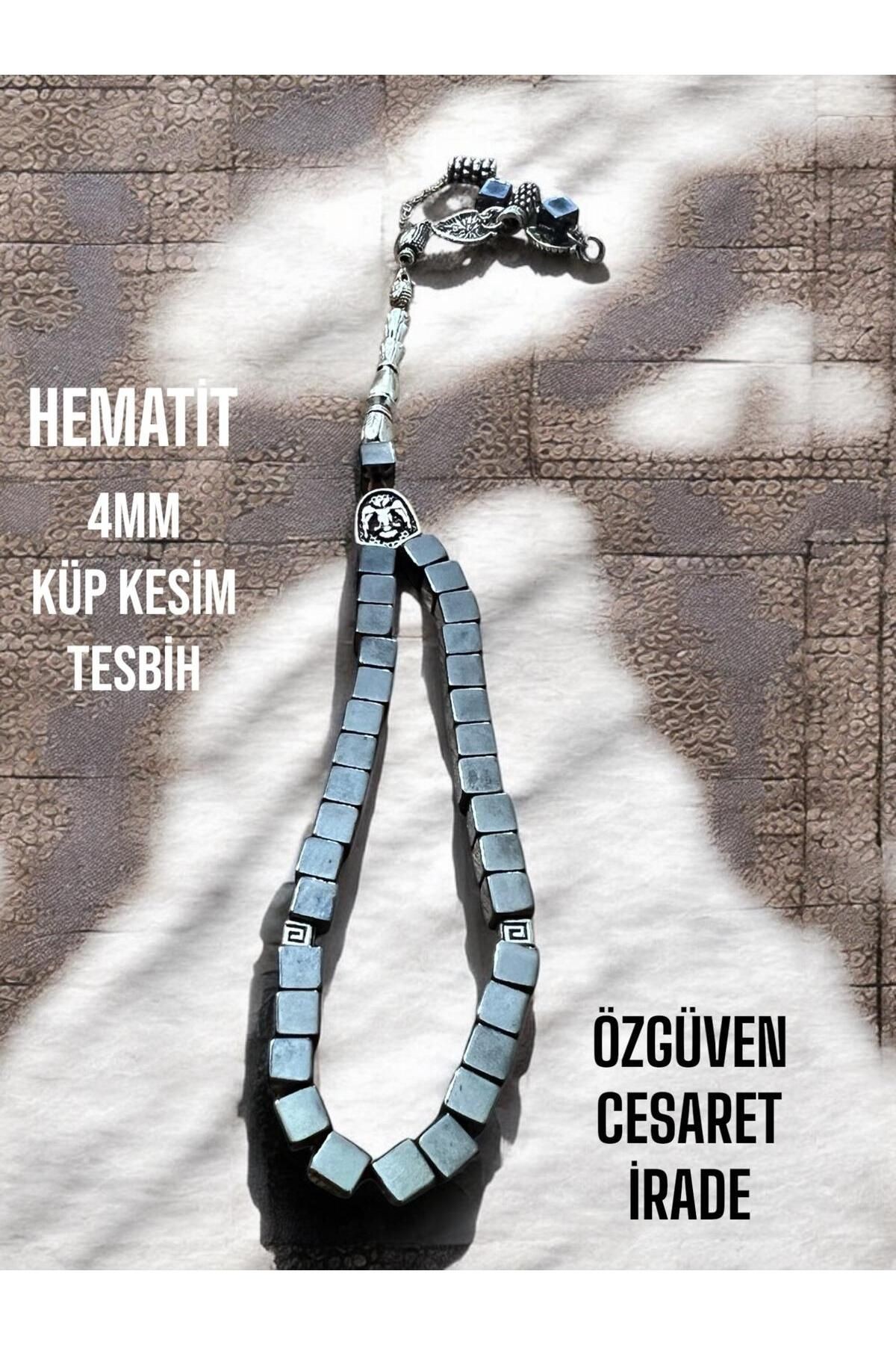 Hematit Taşı Tesbih, Ahşap Kutulu Doğal Taş Hematit Tesbih, 33'lük Hematit Küp Tesbih 4MM