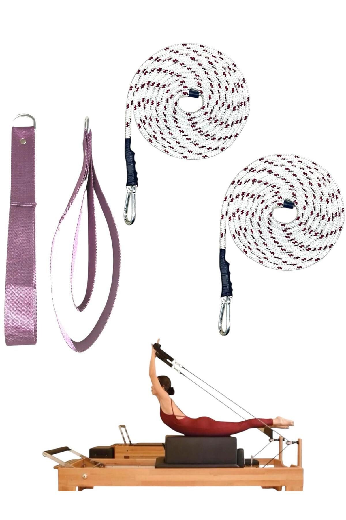 1 Çift Kırmızı-Beyaz Pilates Reformer Halatı +  1 Çift Pilates Reformer Elcik Straps - İkili Set - lila