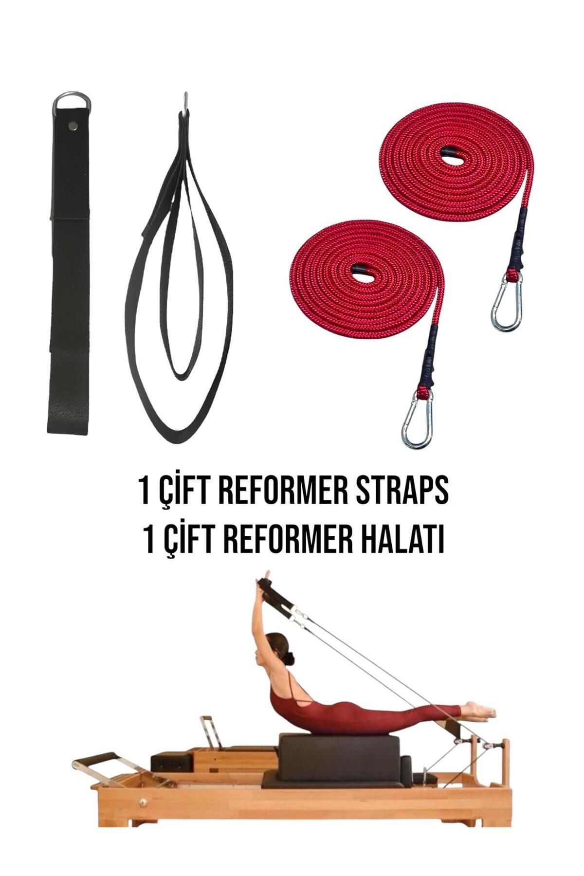 1 Çift Pilates Reformer Halatı + Siyah Pilates Reformer Elcik Straps İkili Set Paracort İp Halat - siyah-kırmızı