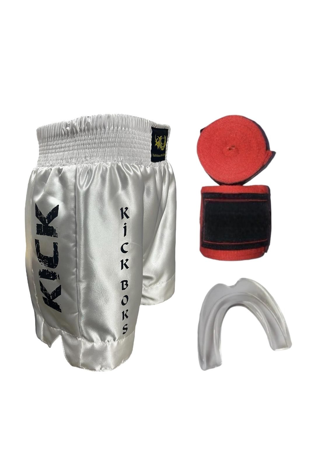 Kick Boks Şortu - Bandaj - Dişlik Kickboks 3'lü Takım Set - beyaz