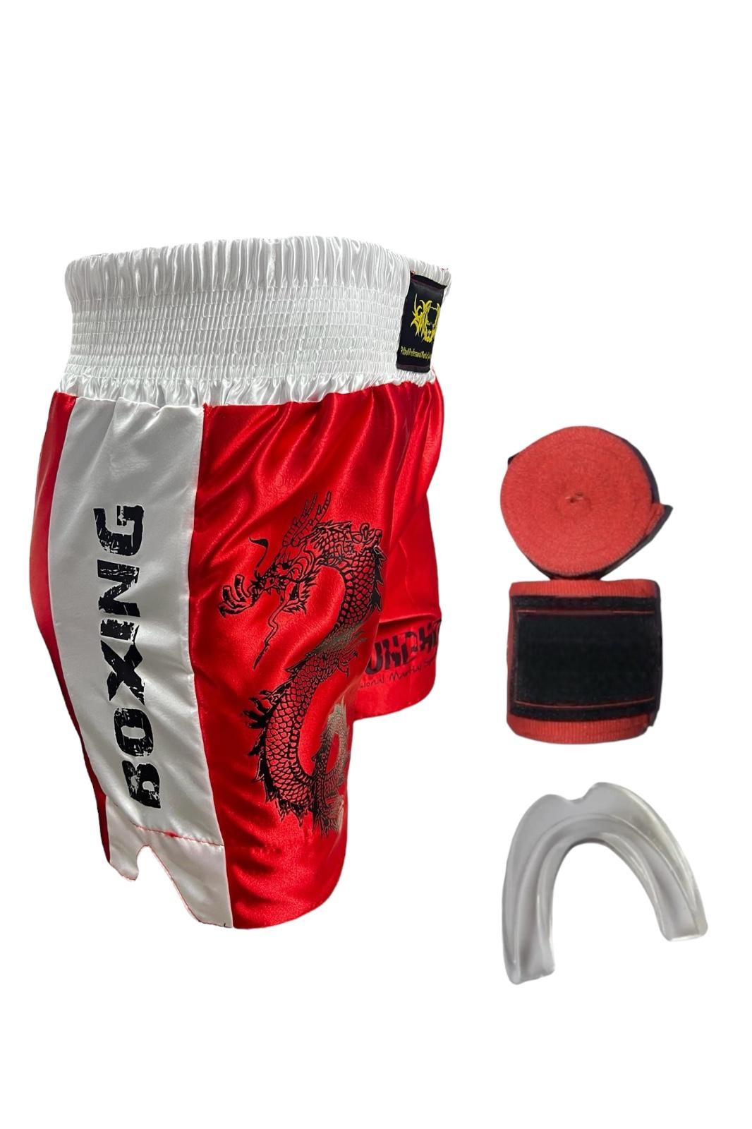 Kick Boks Şortu - Bandaj - Dişlik Kickboks 3'lü Takım Set - Kırmızı Dijital Baskılı