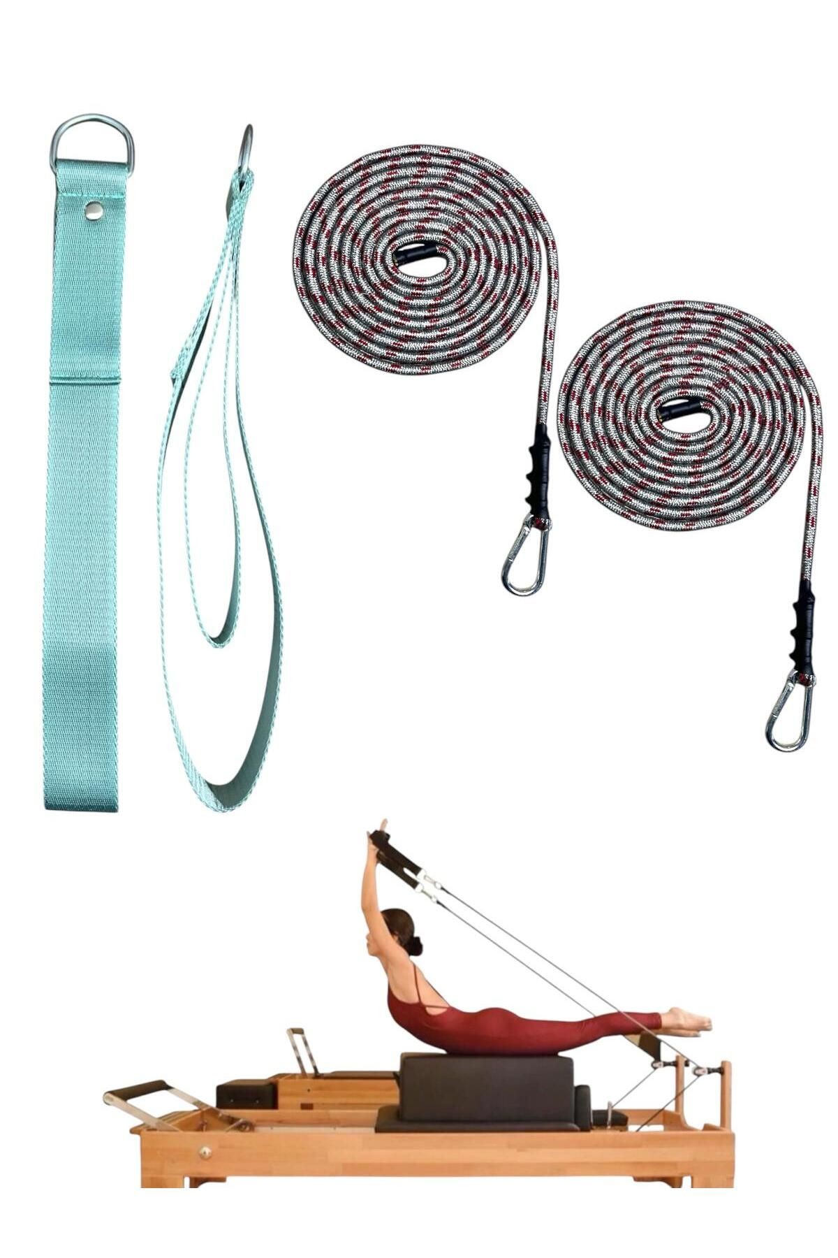 1 Çift Antrasit-Kırmızı Pilates Reformer Halatı +  1 Çift Pilates Reformer Elcik Straps - İkili Set - su yeşili