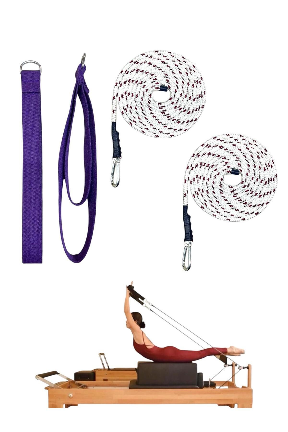 1 Çift Kırmızı-Beyaz Pilates Reformer Halatı +  1 Çift Pilates Reformer Elcik Straps - İkili Set - mor