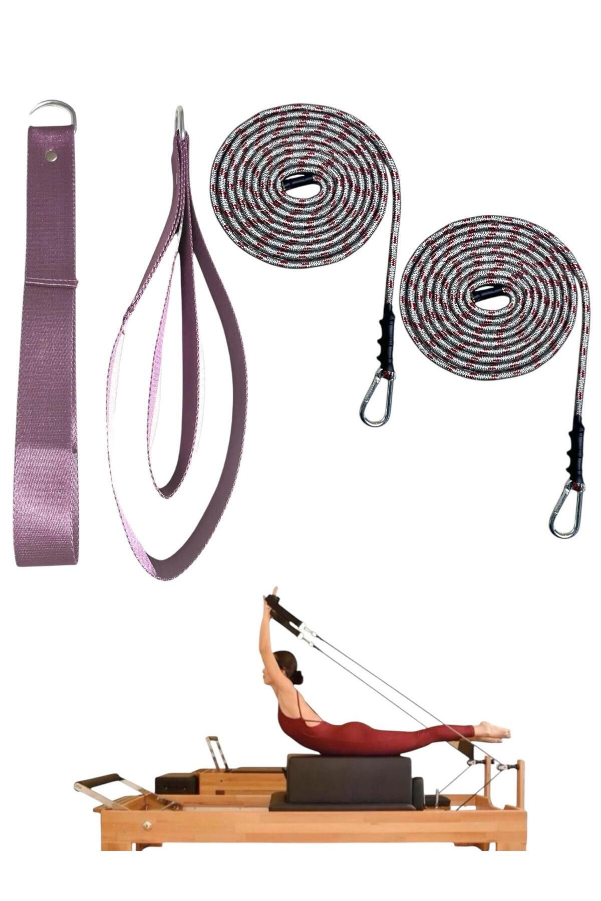 1 Çift Antrasit-Kırmızı Pilates Reformer Halatı +  1 Çift Pilates Reformer Elcik Straps - İkili Set - lila