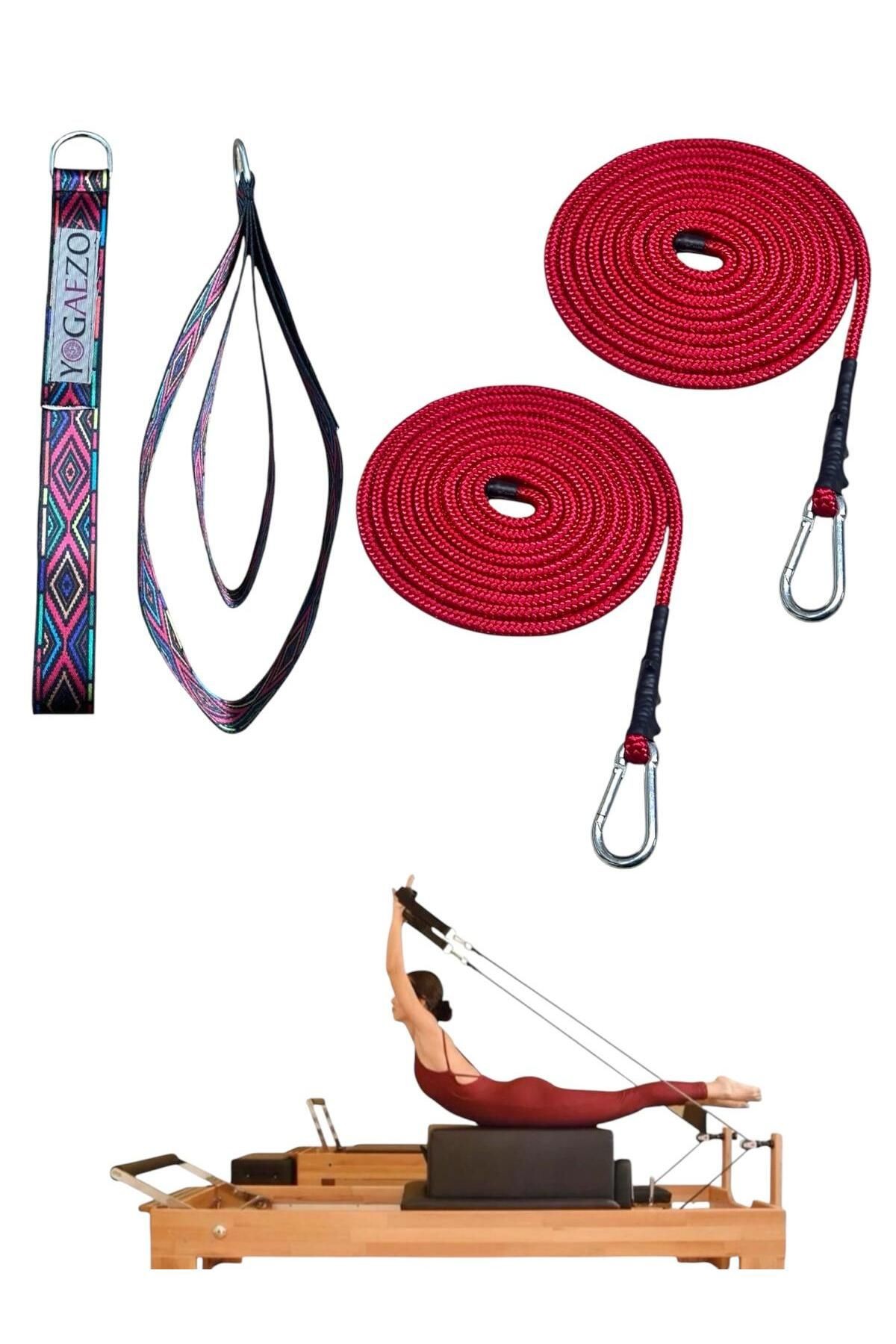 1 Çift Pilates Reformer Halatı + Pilates Reformer Elcik Straps İkili Set Paracord İp Halat - kırmızı çizgili-kırmızı