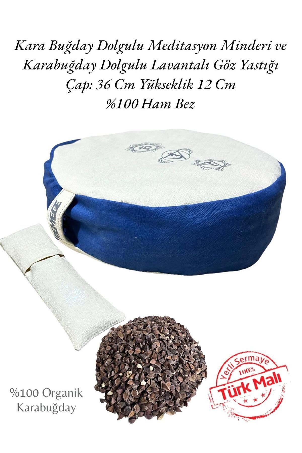 Doğal Ham Bez Karabuğday Dolgulu Zafu Meditasyon Minderi & Ham Bez Lavantalı Karabuğday Göz Yastığı - petrol mavi