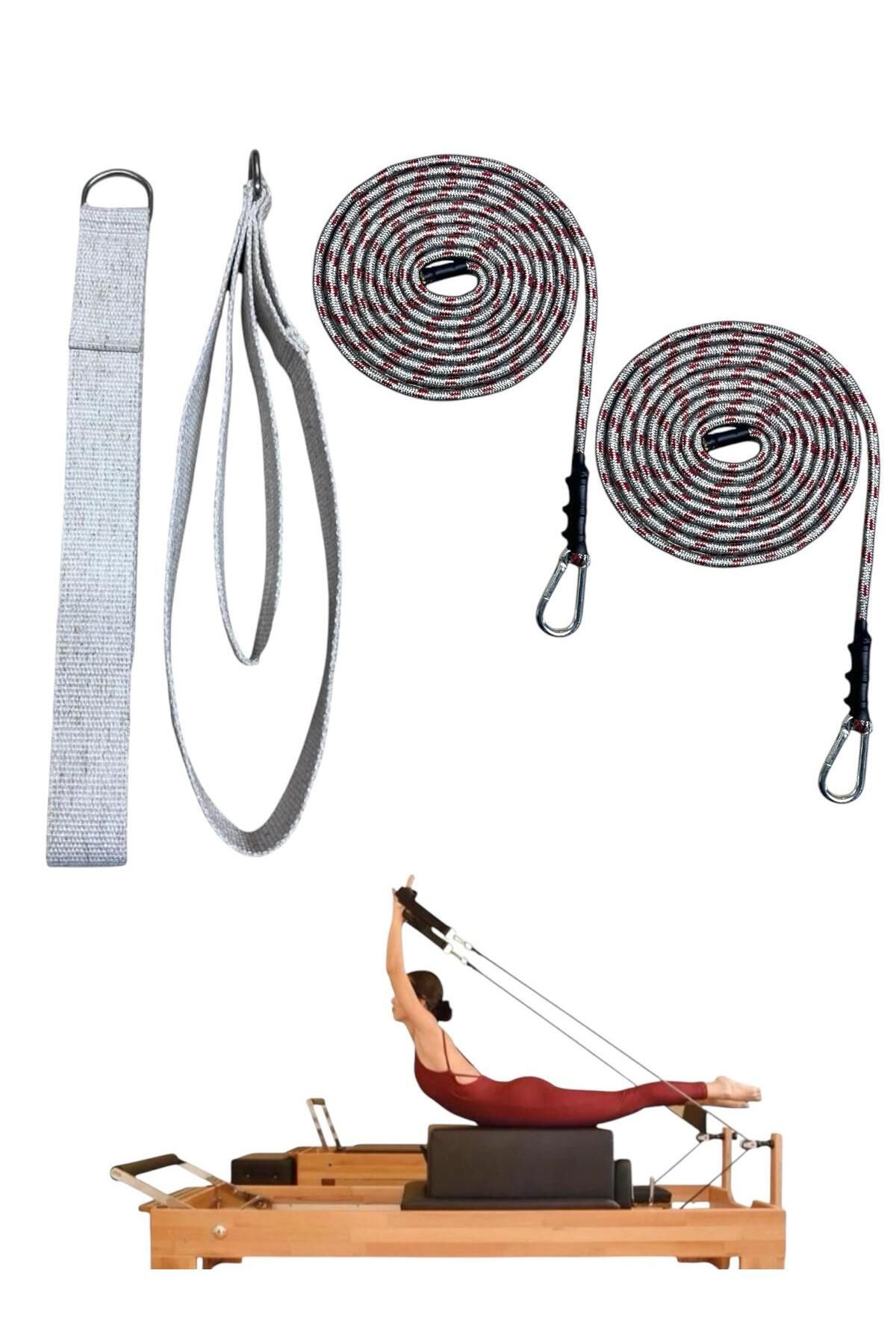 1 Çift Antrasit-Kırmızı Pilates Reformer Halatı +  1 Çift Pilates Reformer Elcik Straps - İkili Set - bej