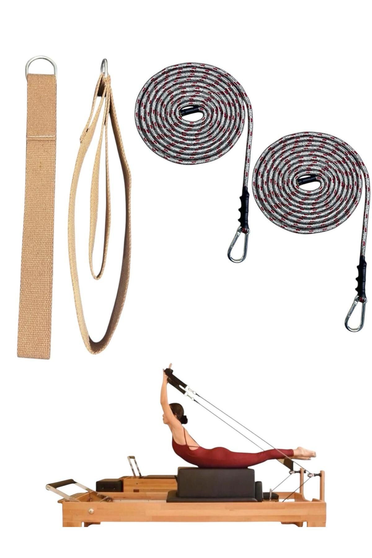 1 Çift Antrasit-Kırmızı Pilates Reformer Halatı +  1 Çift Pilates Reformer Elcik Straps - İkili Set - açık kahverengi