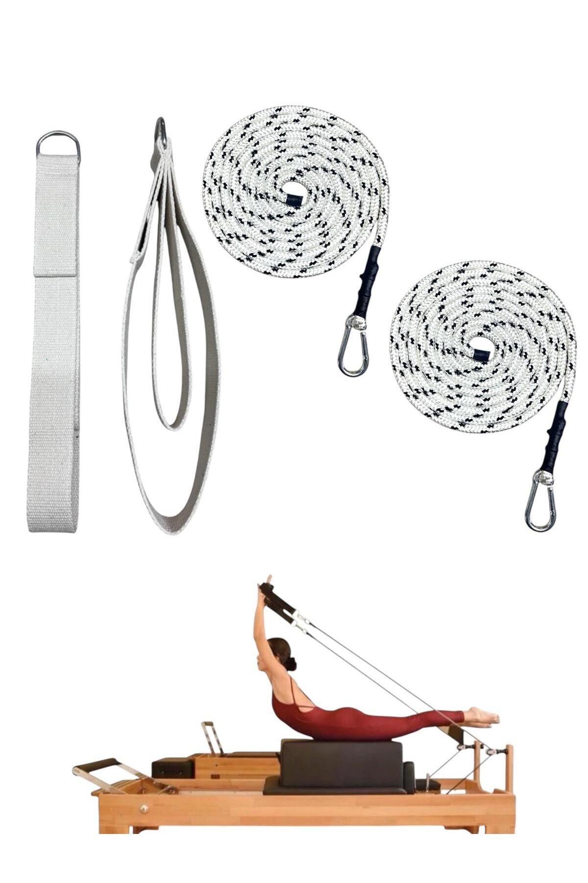 1 Çift Siyah-Beyaz Pilates Reformer Halatı +  1 Çift Pilates Reformer Elcik Straps - İkili Set - krem