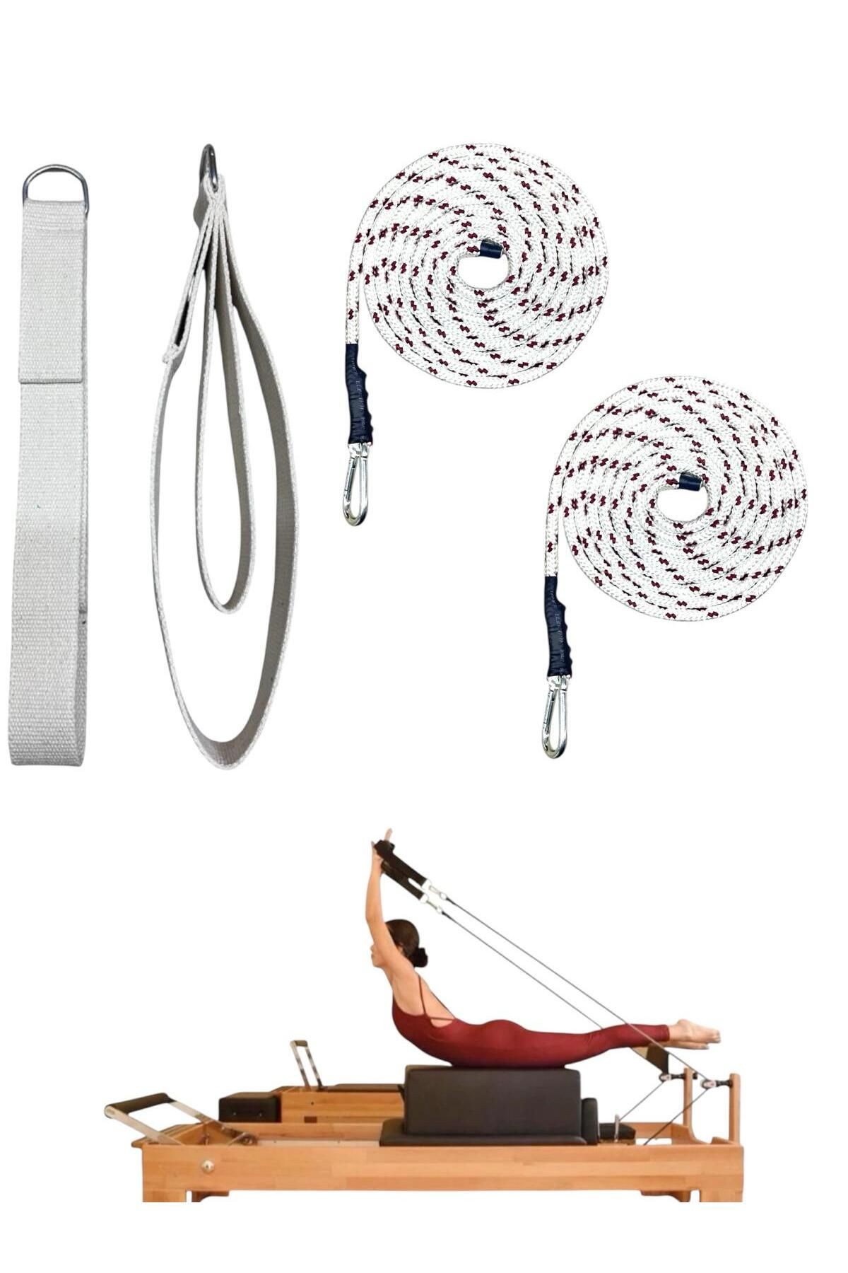 1 Çift Kırmızı-Beyaz Pilates Reformer Halatı +  1 Çift Pilates Reformer Elcik Straps - İkili Set - krem