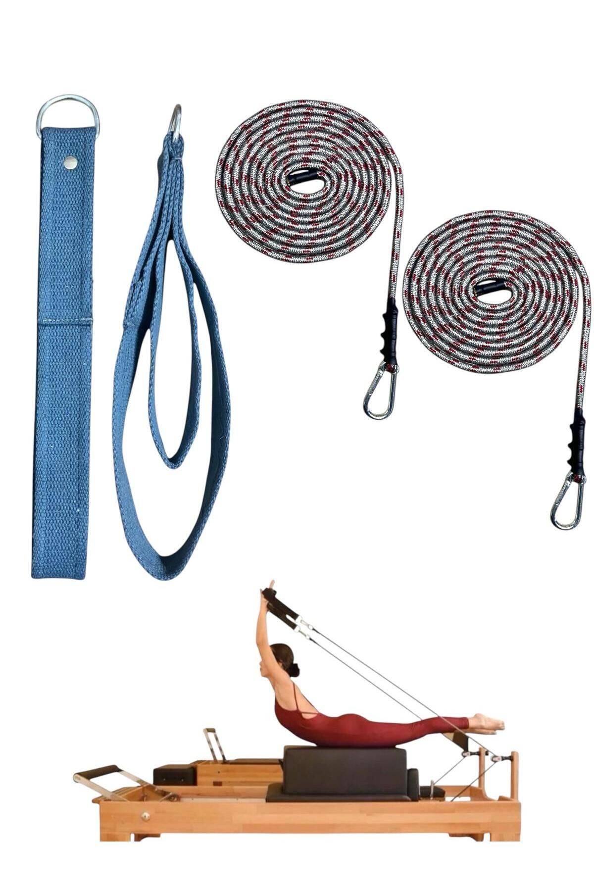 1 Çift Antrasit-Kırmızı Pilates Reformer Halatı +  1 Çift Pilates Reformer Elcik Straps - İkili Set - mavi