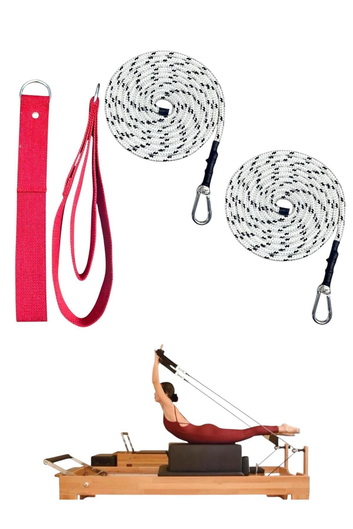 1 Çift Siyah-Beyaz Pilates Reformer Halatı +  1 Çift Pilates Reformer Elcik Straps - İkili Set - kırmızı