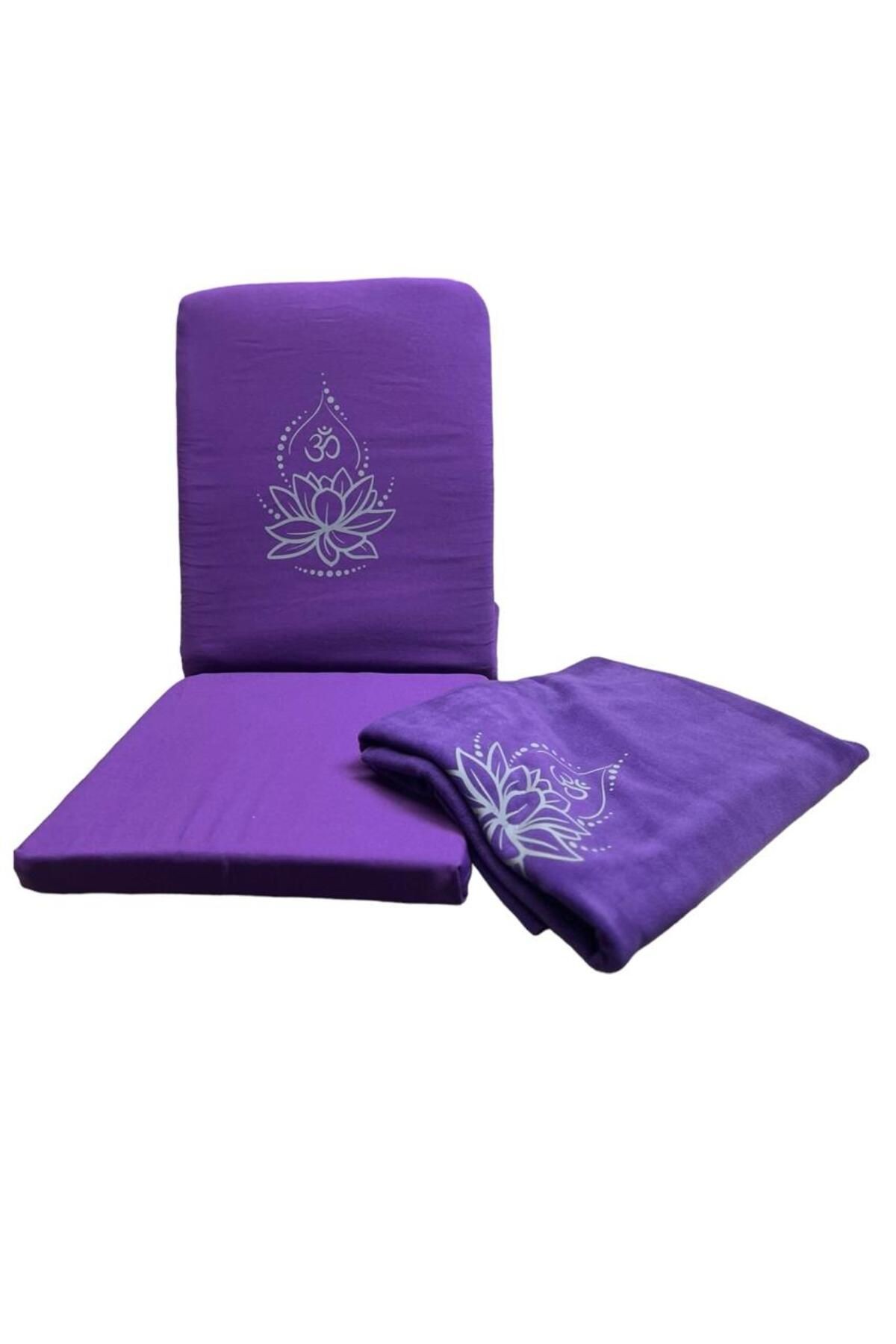 Lotus Çiçeği Baskılı Backjack Meditasyon Sandalyesi & Yoga Battaniyesi İkili Set - mor