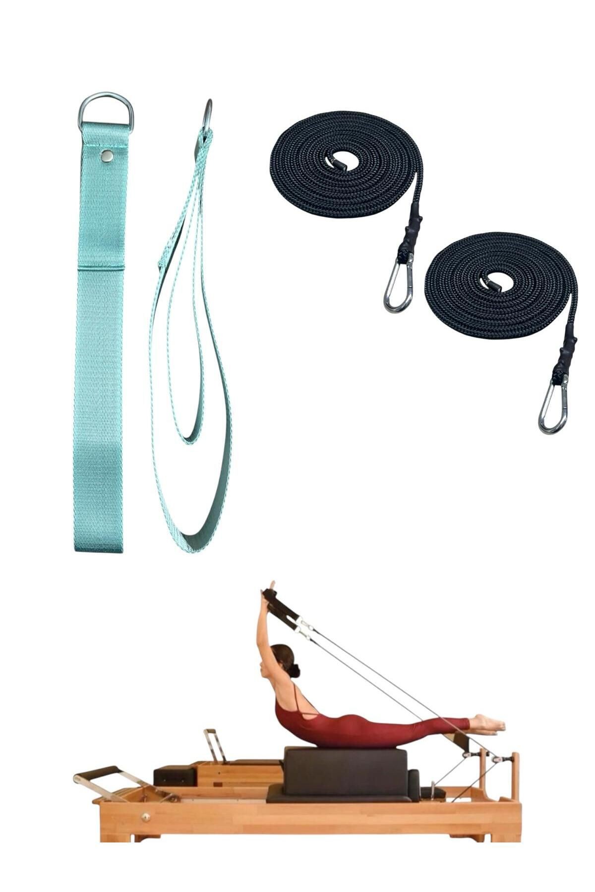 1 Çift Pilates Reformer Halatı + Siyah Pilates Reformer Elcik Straps İkili Set Paracort İp Halat - su-yeşili-siyah