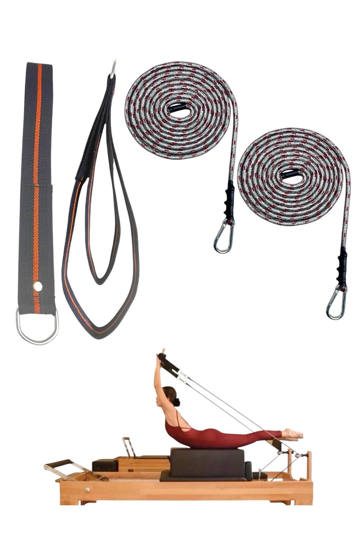 1 Çift Antrasit-Kırmızı Pilates Reformer Halatı +  1 Çift Pilates Reformer Elcik Straps - İkili Set - lacivert-turuncu