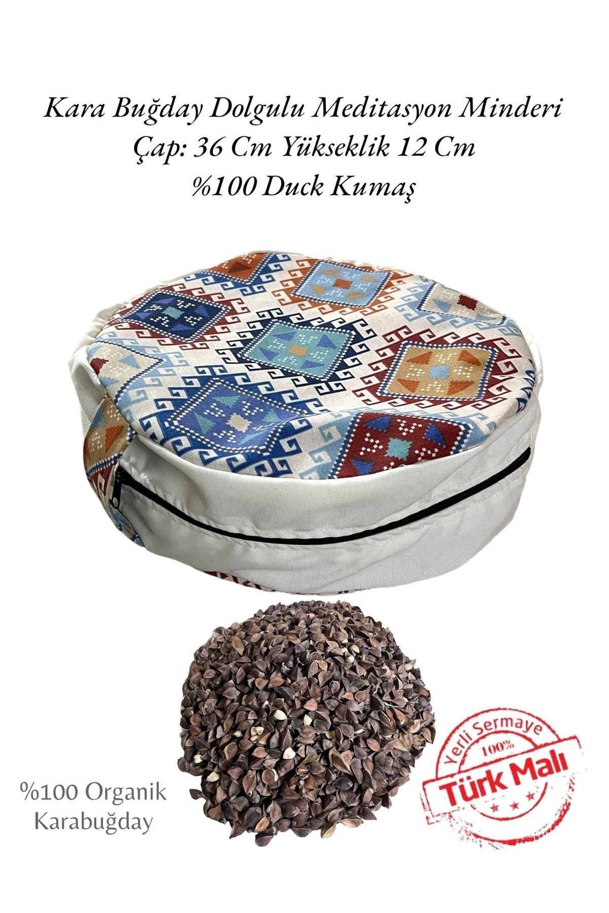 Karabuğday Dolgulu Zafu Meditasyon Minderi Etnik Desen %100 Duck Kumaş Karabuğday Meditasyon Minderi - mavi