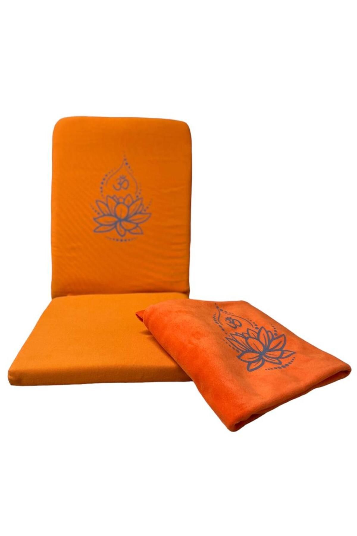 Lotus Çiçeği Baskılı Backjack Meditasyon Sandalyesi & Yoga Battaniyesi İkili Set - turuncu