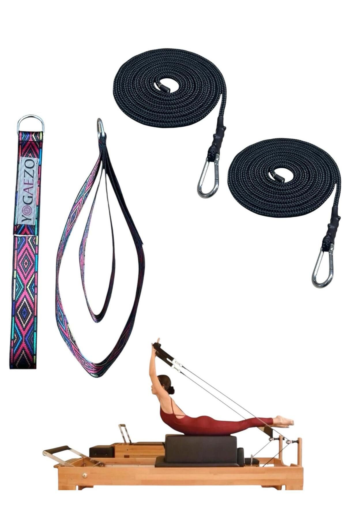 1 Çift Pilates Reformer Halatı + Pilates Reformer Elcik Straps İkili Set Paracord İp Halat - kırmızı çizgili-siyah