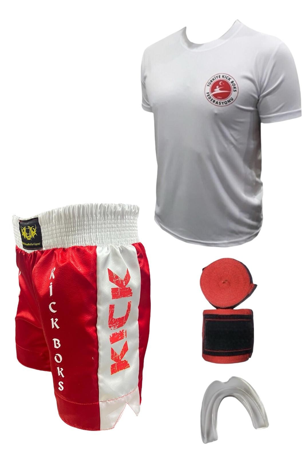 Kickboks Şortu - Kickboks Tişörtü - Bandaj - Dişlik Kickboks 4'lü Takım Set - kırmızı