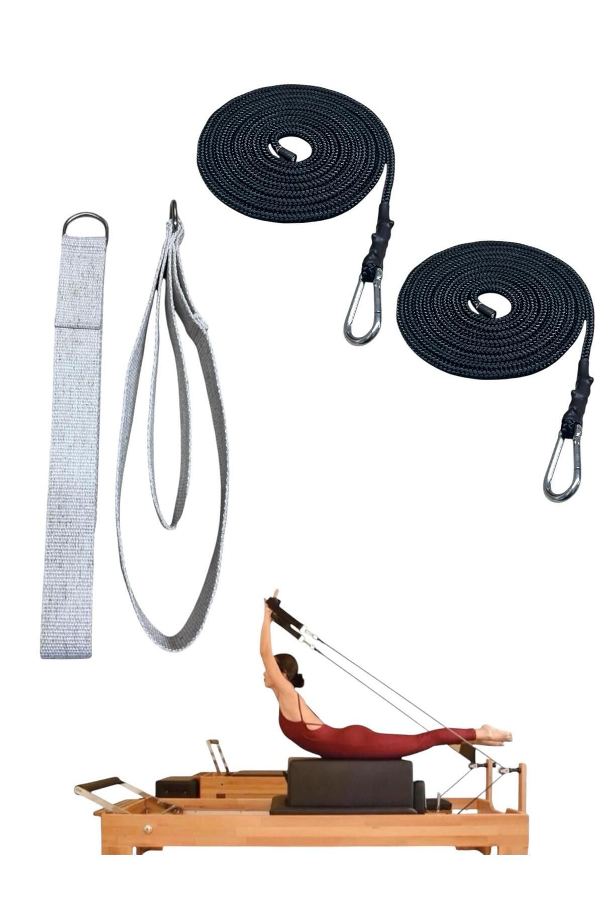 1 Çift Pilates Reformer Halatı + Siyah Pilates Reformer Elcik Straps İkili Set Paracort İp Halat - bej-siyah
