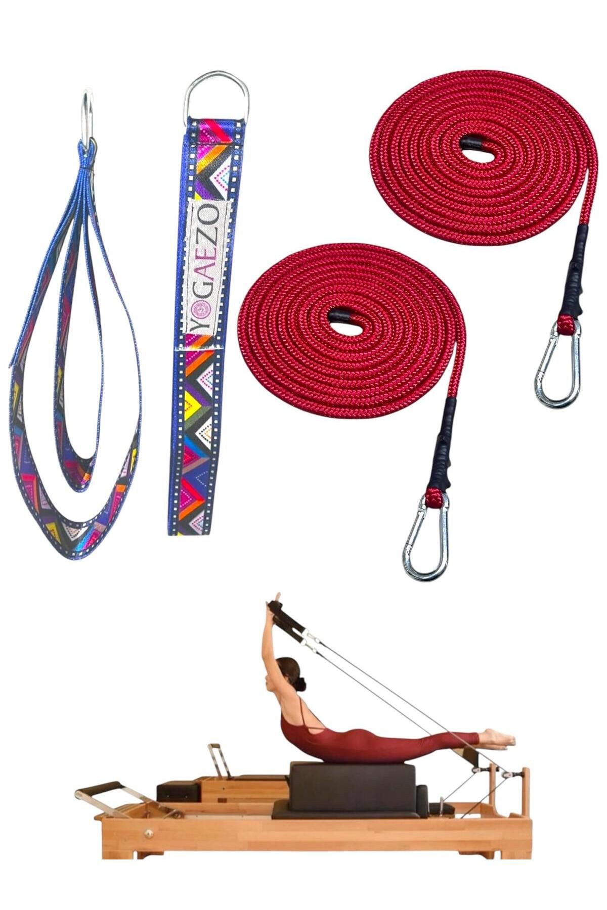1 Çift Pilates Reformer Halatı + Pilates Reformer Elcik Straps İkili Set Paracord İp Halat - mavi çizgili-kırmızı