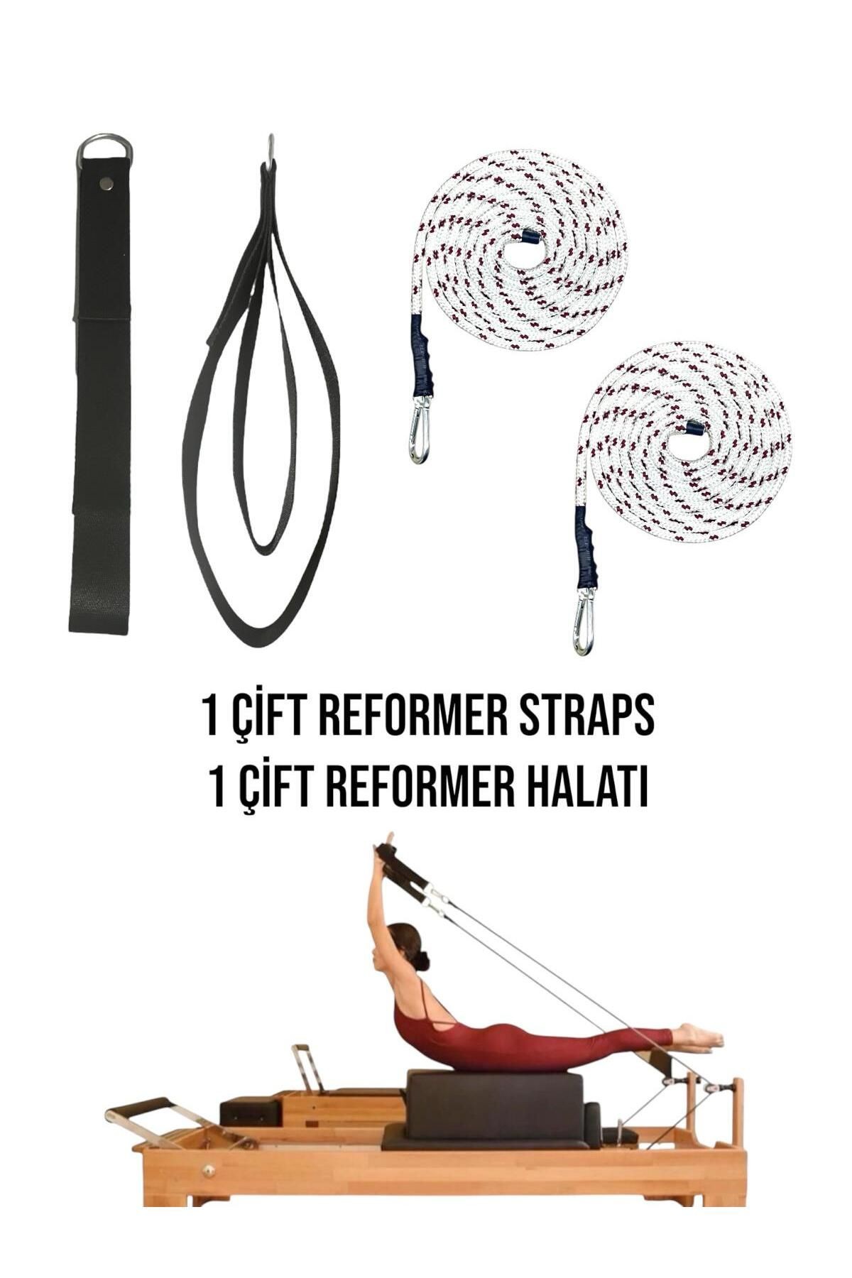 1 Çift Pilates Reformer Halatı + Siyah Pilates Reformer Elcik Straps İkili Set - kırmızı-beyaz