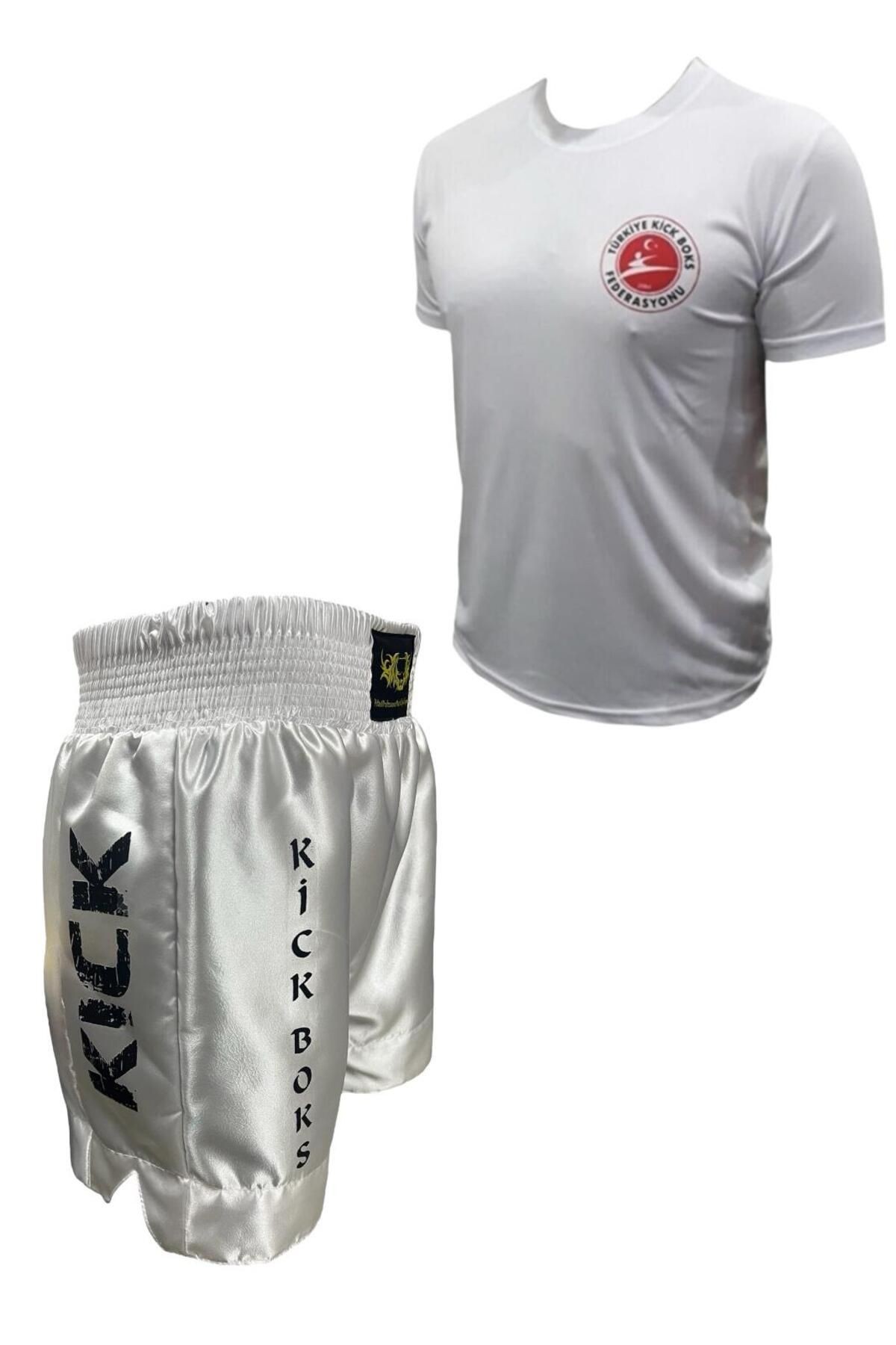 Kick Boks Şortu - Kick Boks Tişörtü - Kickboks Şort Tişört Takımı ikili Set - beyaz