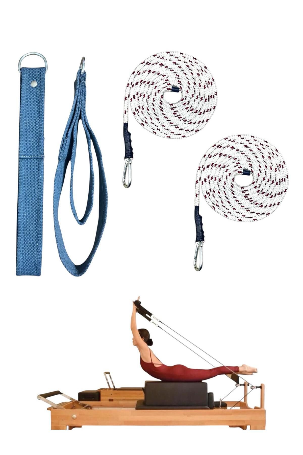 1 Çift Kırmızı-Beyaz Pilates Reformer Halatı +  1 Çift Pilates Reformer Elcik Straps - İkili Set - mavi