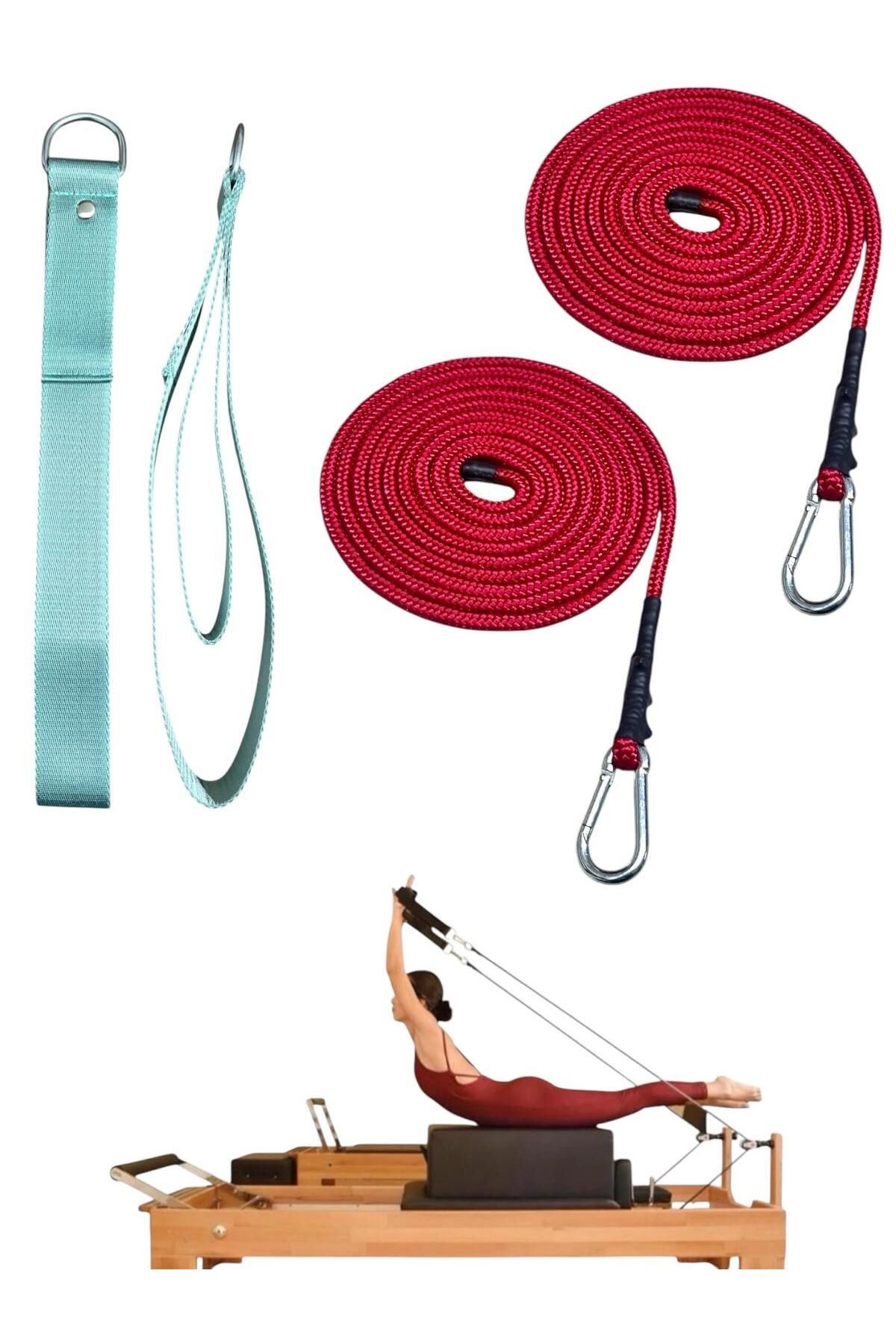 1 Çift Pilates Reformer Halatı + Siyah Pilates Reformer Elcik Straps İkili Set Paracort İp Halat - su yeşili-kırmızı
