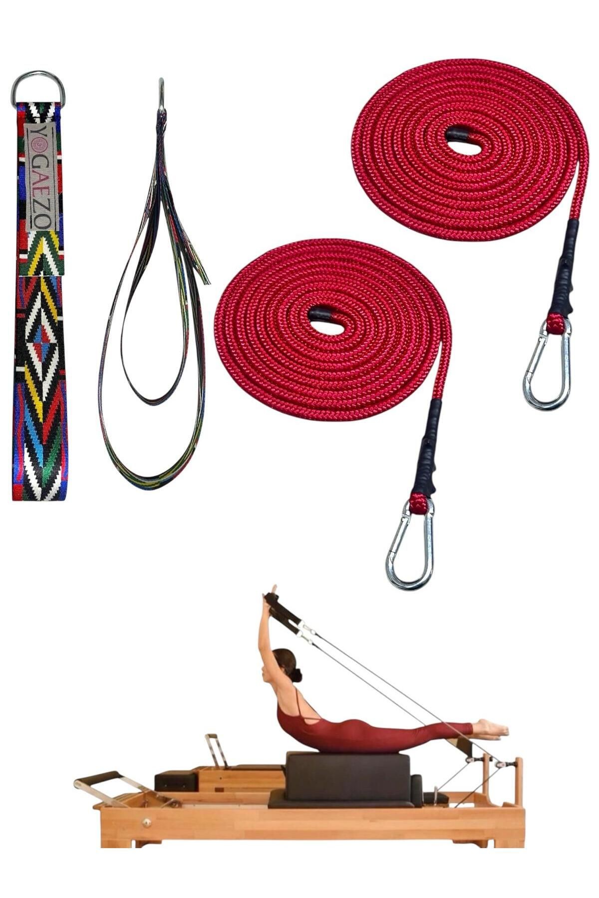 1 Çift Pilates Reformer Halatı + Pilates Reformer Elcik Straps İkili Set Paracord İp Halat - siyah çizgili-kırmızı