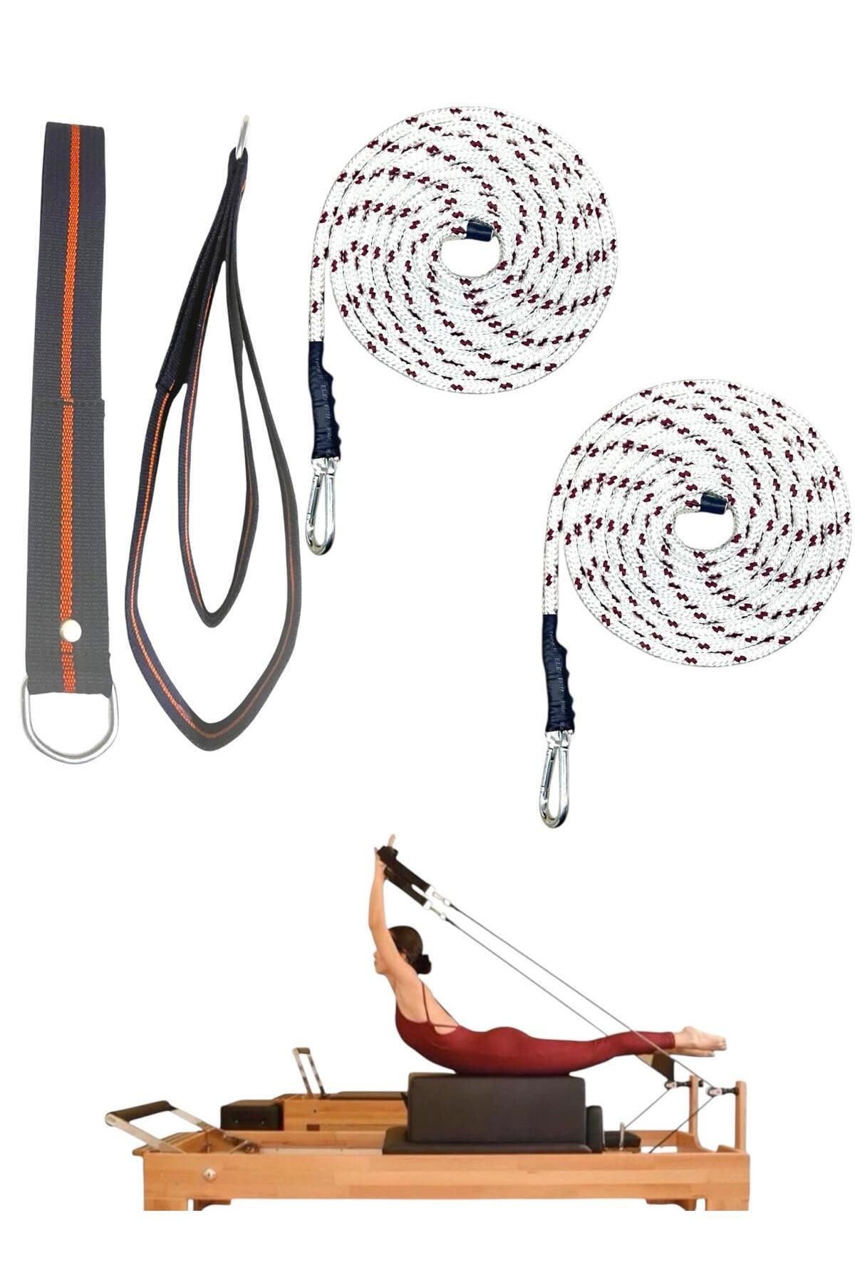 1 Çift Kırmızı-Beyaz Pilates Reformer Halatı +  1 Çift Pilates Reformer Elcik Straps - İkili Set - lacivert-turuncu