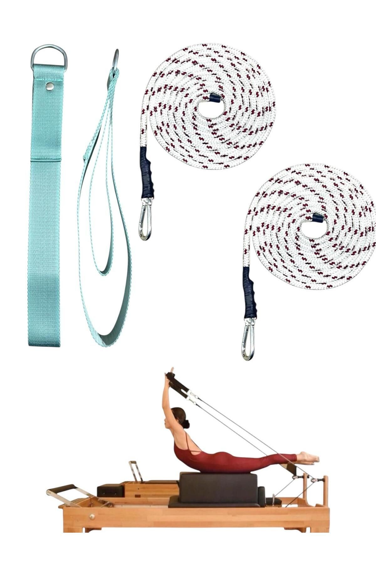 1 Çift Kırmızı-Beyaz Pilates Reformer Halatı +  1 Çift Pilates Reformer Elcik Straps - İkili Set - su yeşili
