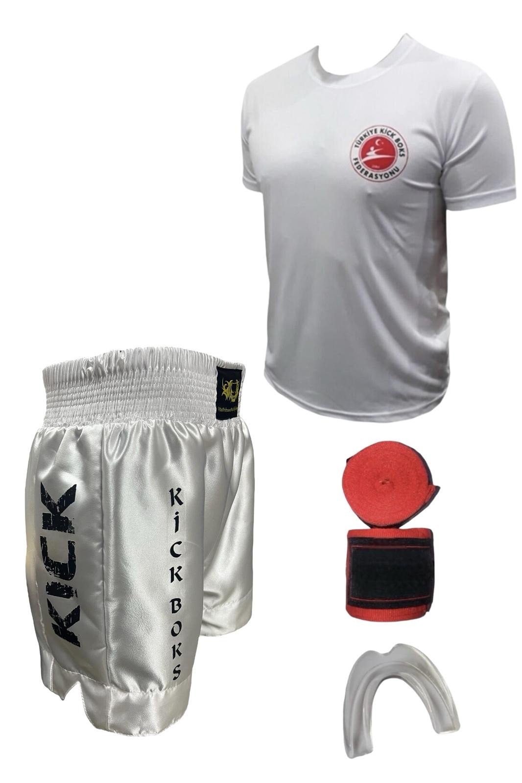 Kickboks Şortu - Kickboks Tişörtü - Bandaj - Dişlik Kickboks 4'lü Takım Set - beyaz