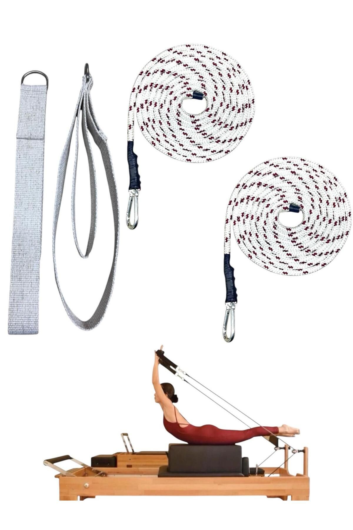 1 Çift Kırmızı-Beyaz Pilates Reformer Halatı +  1 Çift Pilates Reformer Elcik Straps - İkili Set - bej