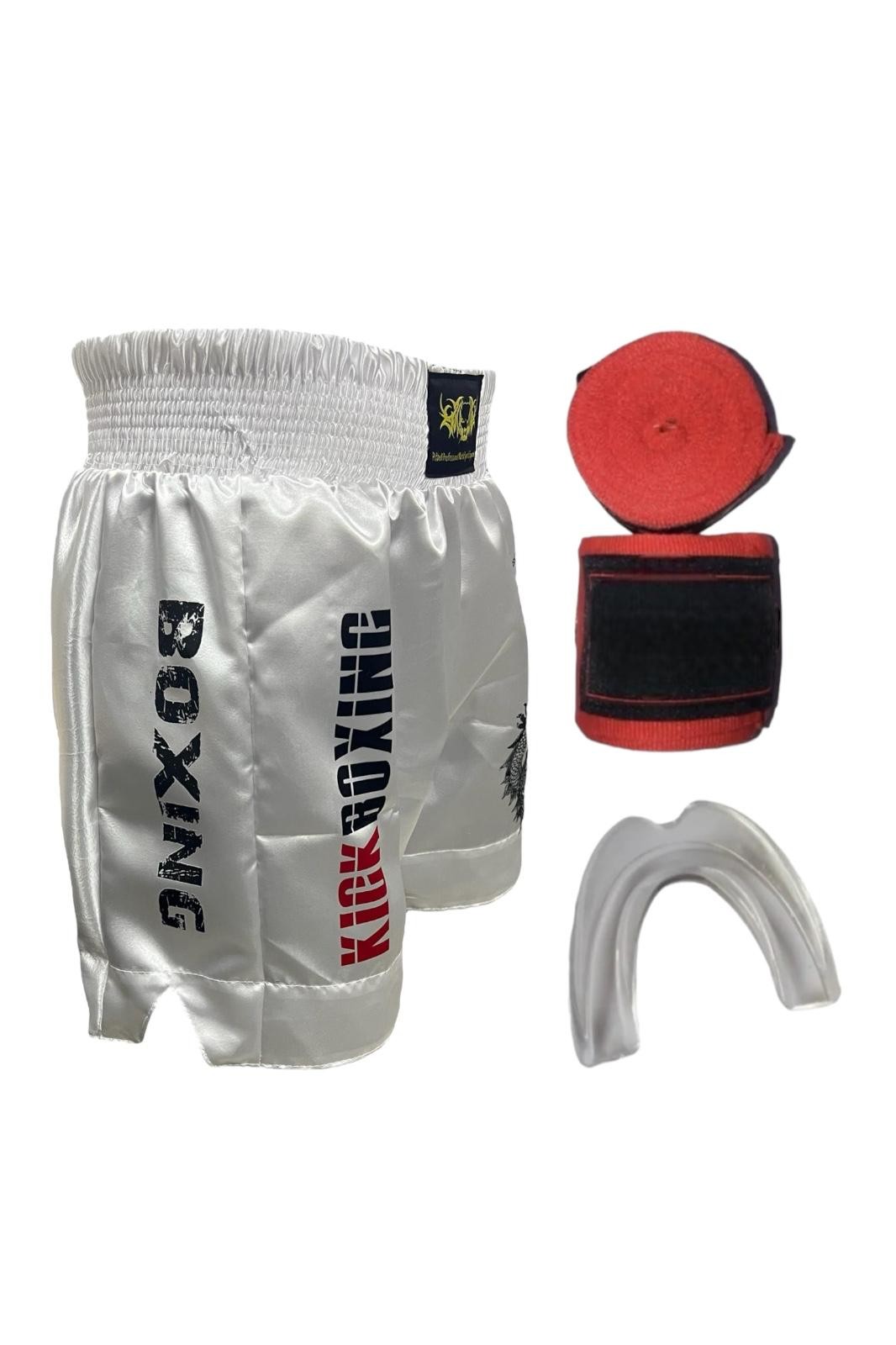 Kick Boks Şortu - Bandaj - Dişlik Kickboks 3'lü Takım Set - Beyaz Dijital Baskılı