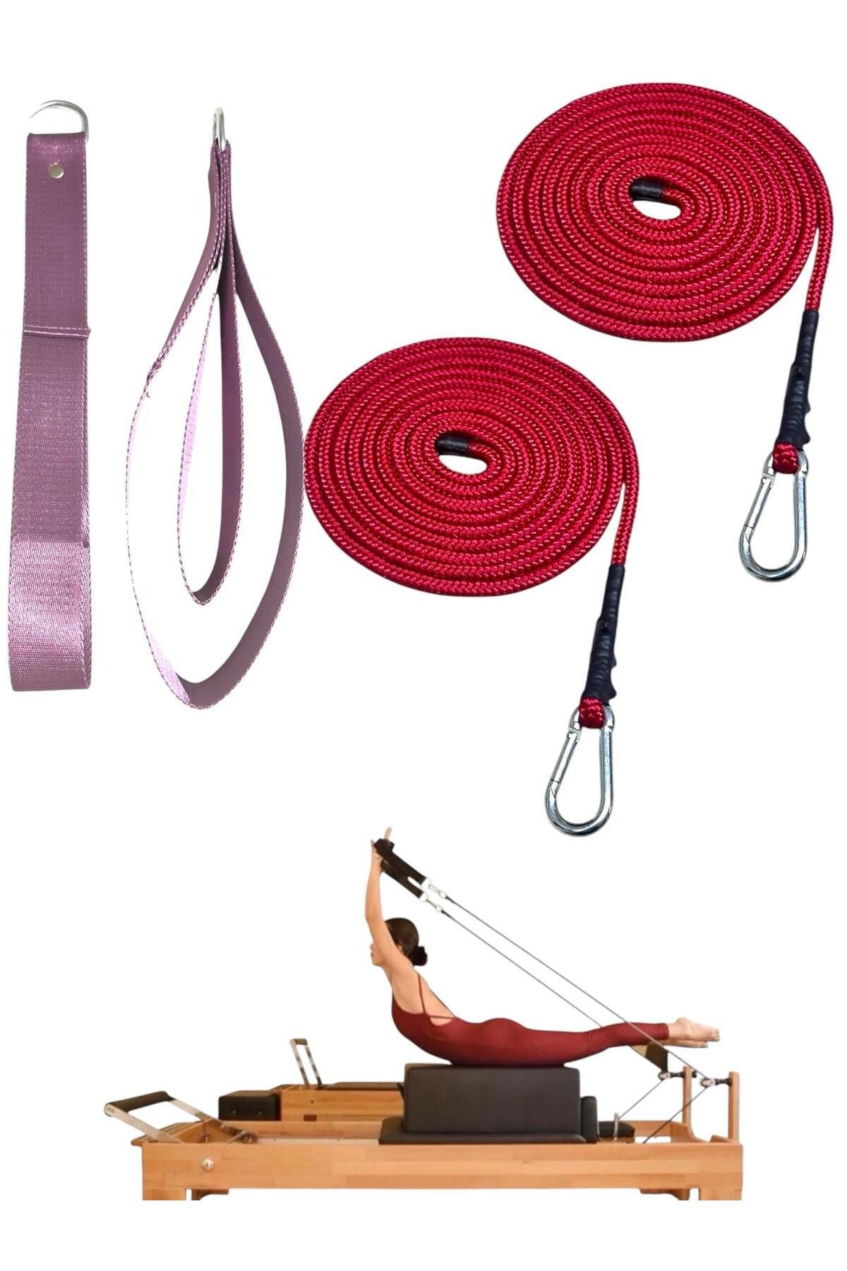 1 Çift Pilates Reformer Halatı + Siyah Pilates Reformer Elcik Straps İkili Set Paracort İp Halat - lila-kırmızı