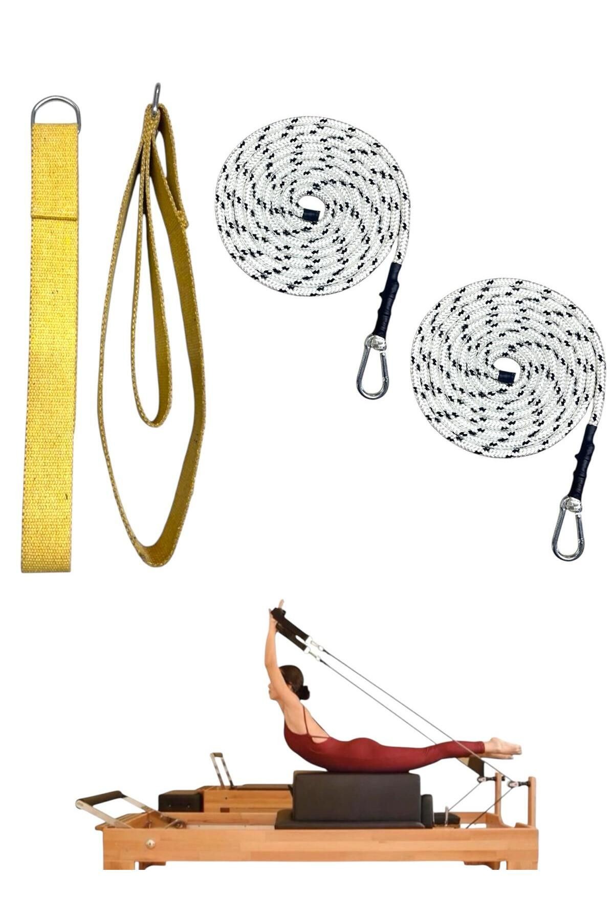1 Çift Siyah-Beyaz Pilates Reformer Halatı +  1 Çift Pilates Reformer Elcik Straps - İkili Set - sarı