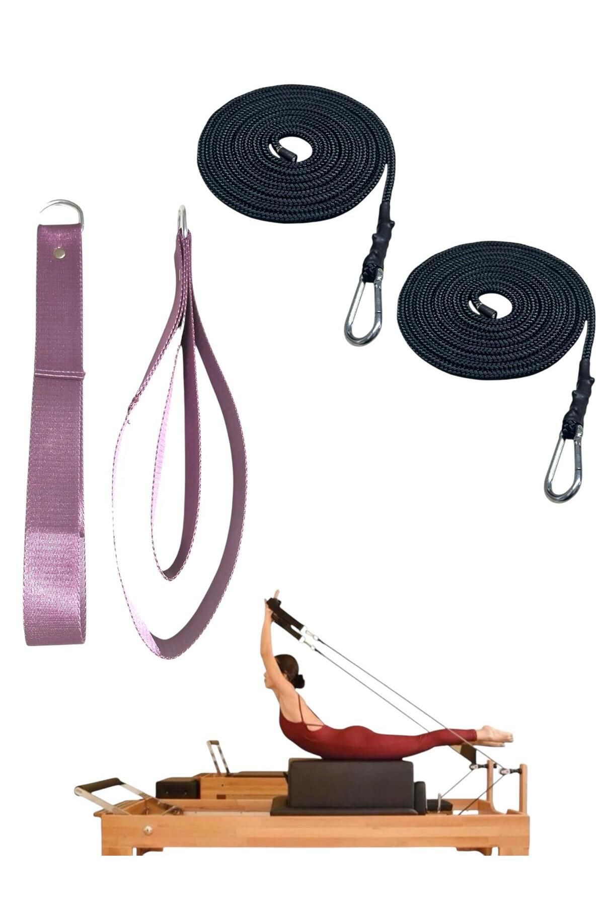 1 Çift Pilates Reformer Halatı + Siyah Pilates Reformer Elcik Straps İkili Set Paracort İp Halat - lila-siyah