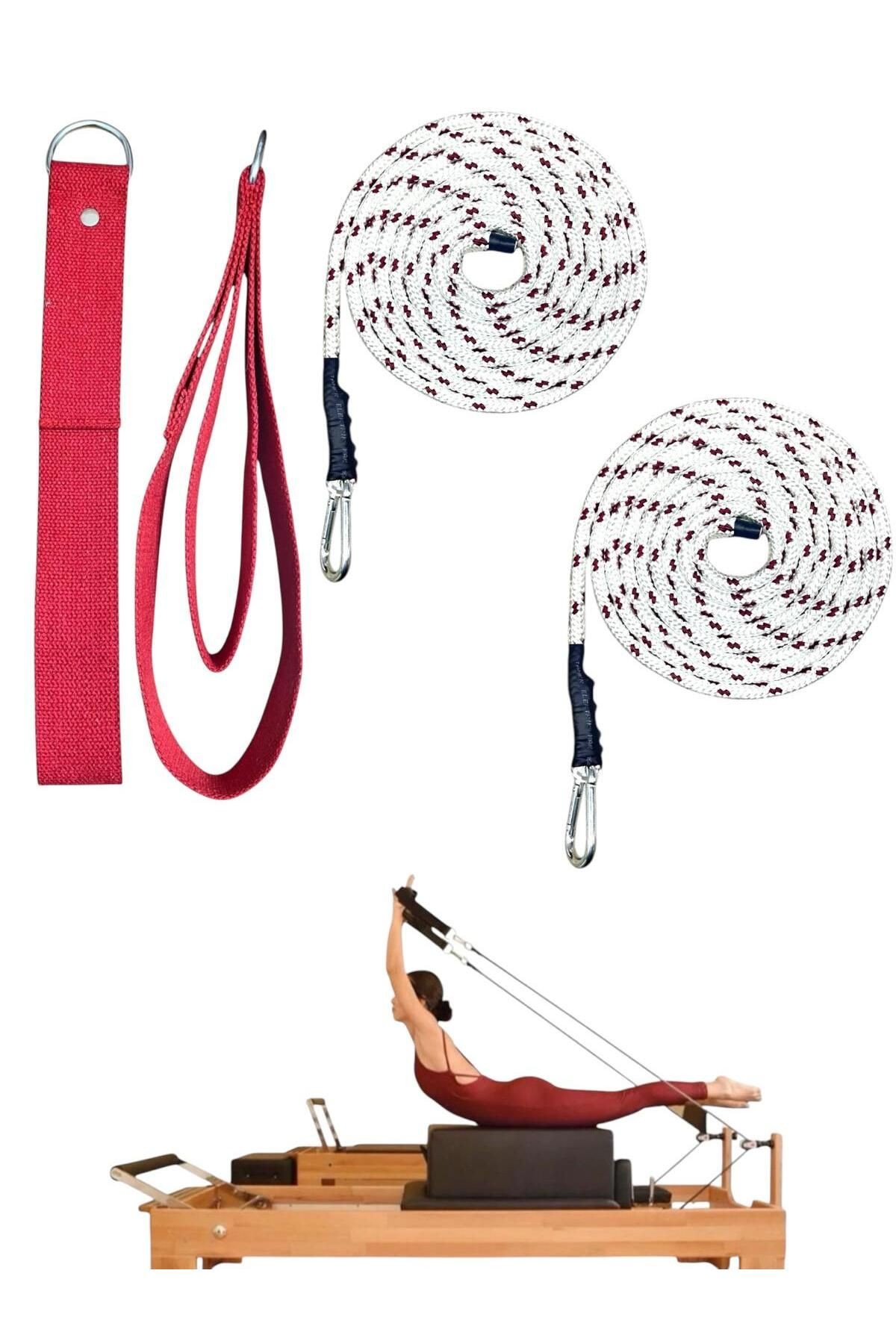 1 Çift Kırmızı-Beyaz Pilates Reformer Halatı +  1 Çift Pilates Reformer Elcik Straps - İkili Set - kırmızı