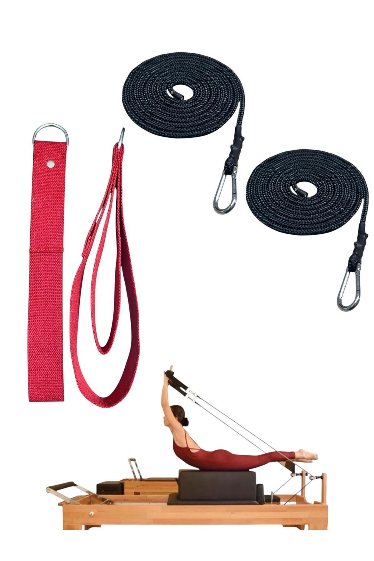 1 Çift Pilates Reformer Halatı + Siyah Pilates Reformer Elcik Straps İkili Set Paracort İp Halat - kırmızı-siyah