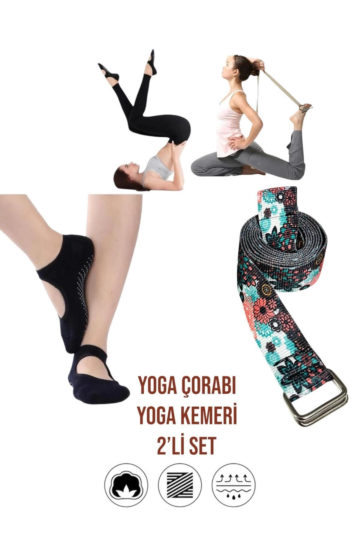Fitness, Pilates, Yoga Çorabı - Bilek Tutmalı Kaydırmaz Silikon Tabanlı + Çift Katmanlı Yoga Kemeri