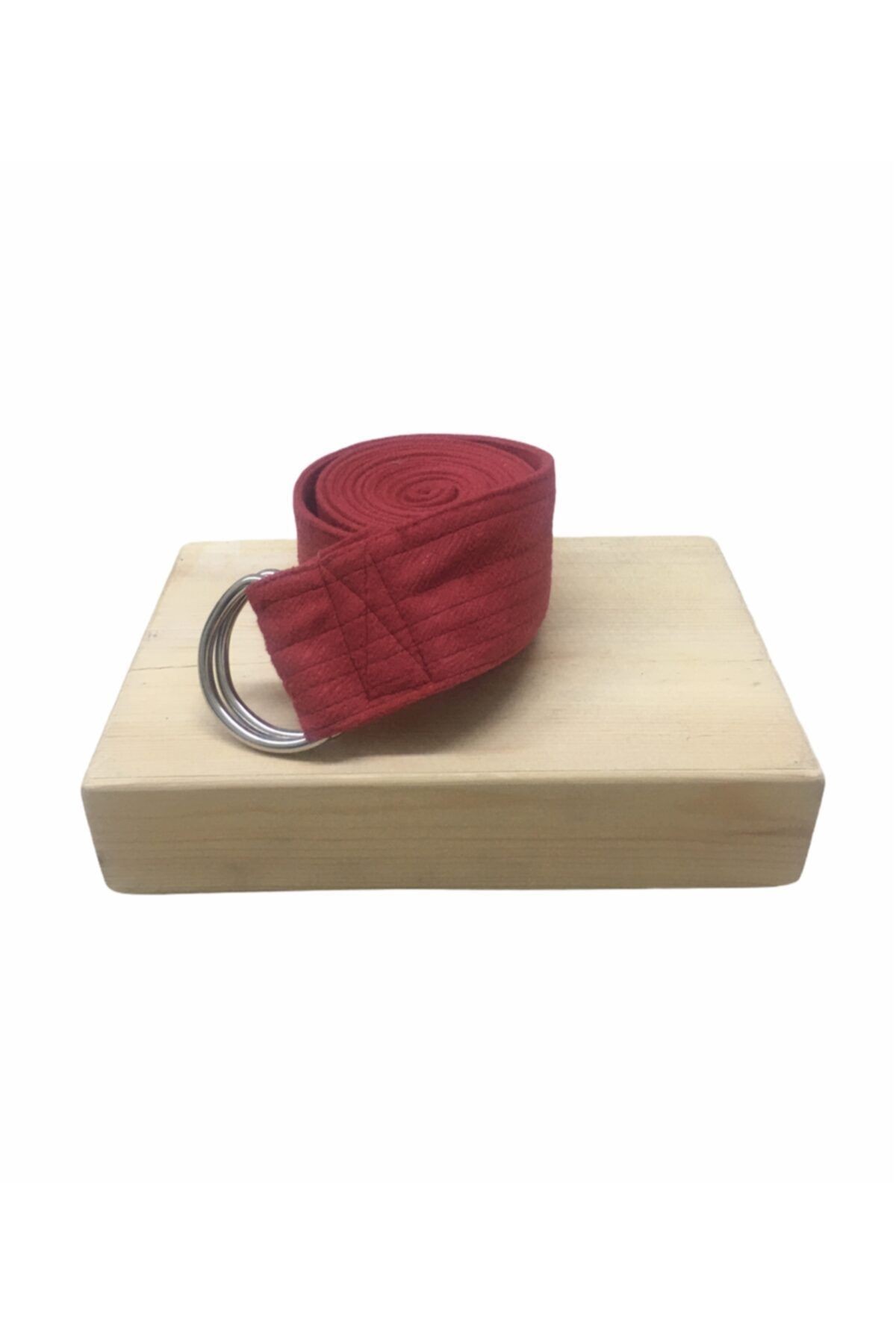 Kırmızı Pamuklu Yoga Kemeri & Ahşap Yoga Blok - İkili Set