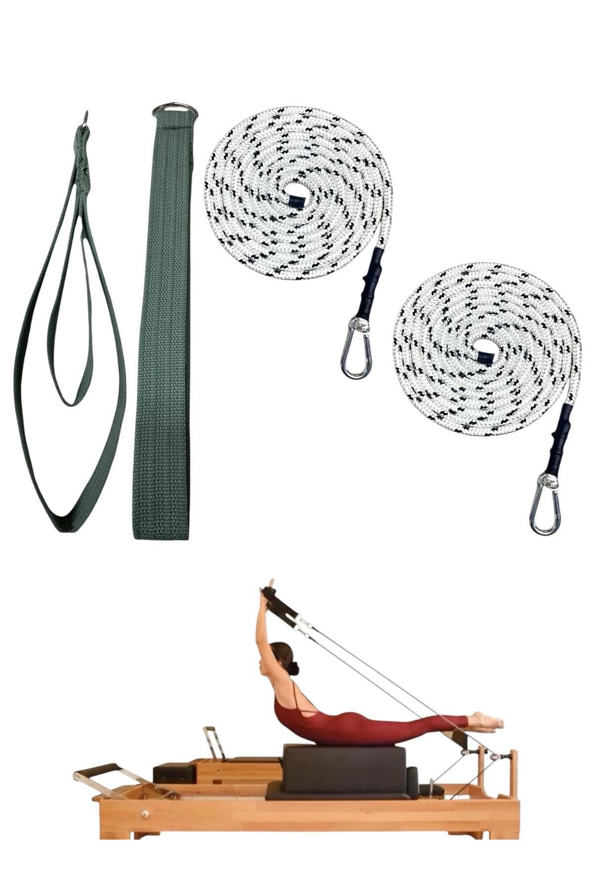 1 Çift Siyah-Beyaz Pilates Reformer Halatı +  1 Çift Pilates Reformer Elcik Straps - İkili Set - yeşil