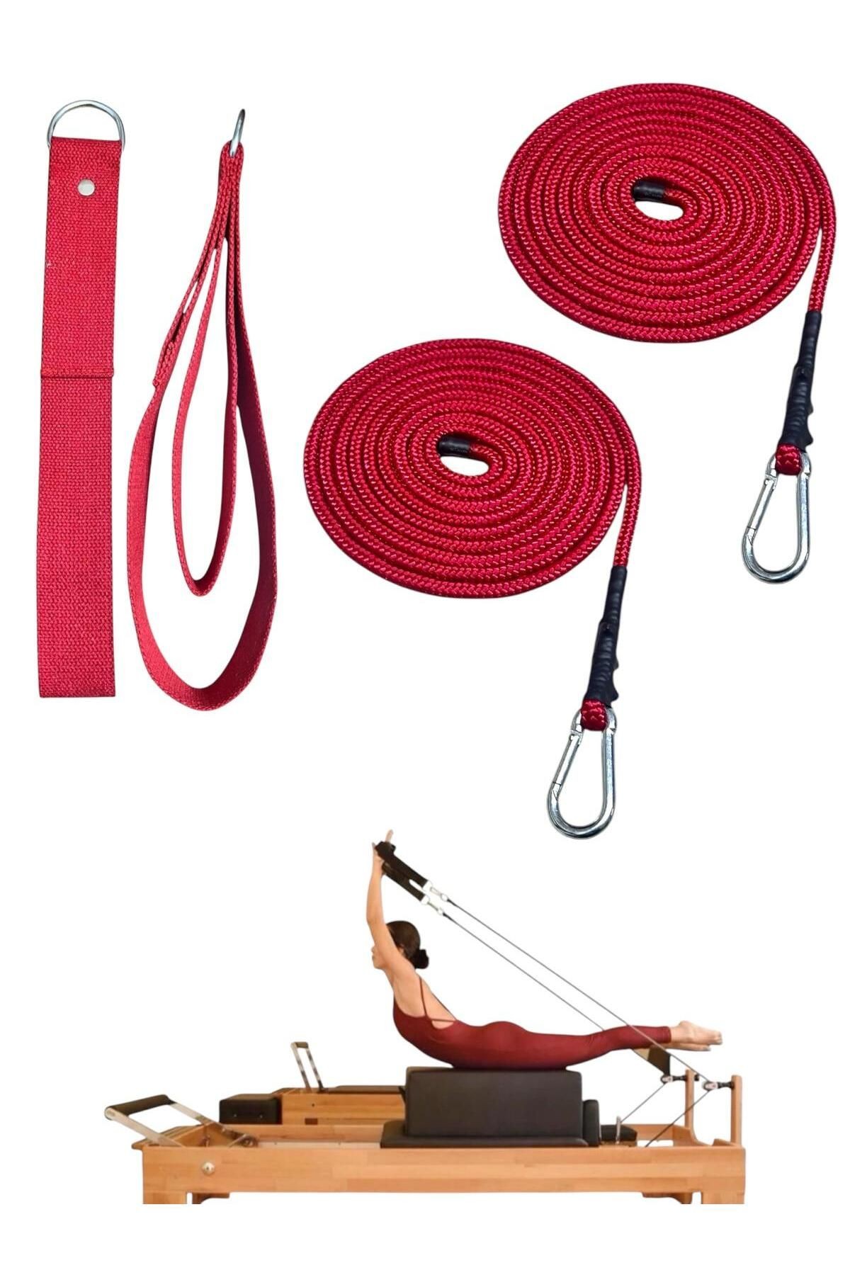 1 Çift Pilates Reformer Halatı + Siyah Pilates Reformer Elcik Straps İkili Set Paracort İp Halat - kırmızı-kırmızı