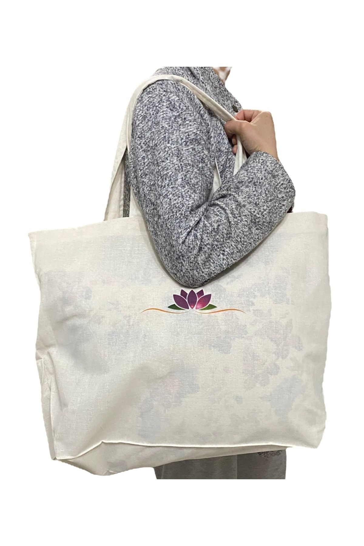 Mor Lotus Çiçeği Baskılı Hambez Plaj Çantası – 56 X 40 X 12 Cm