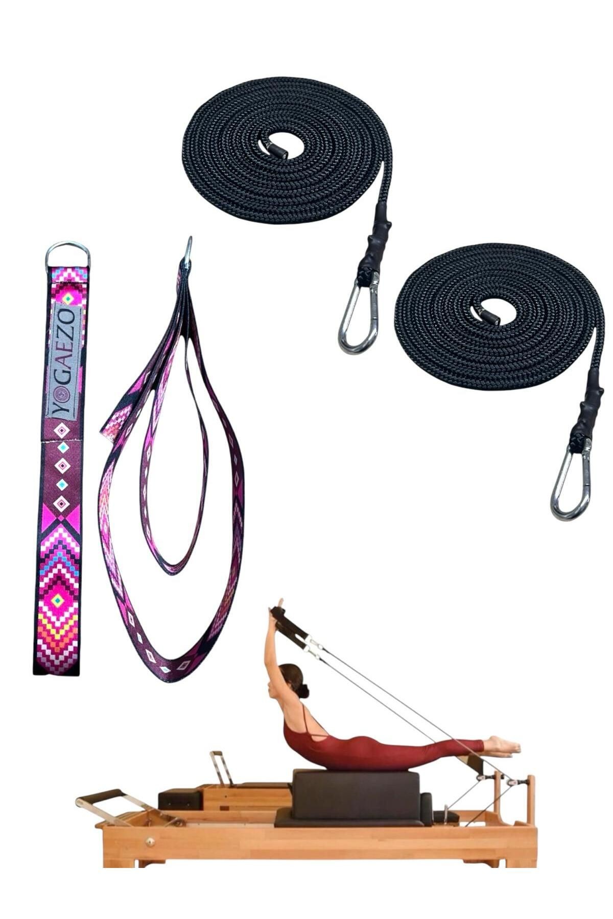 1 Çift Pilates Reformer Halatı + Pilates Reformer Elcik Straps İkili Set Paracord İp Halat - mor çizgili-siyah